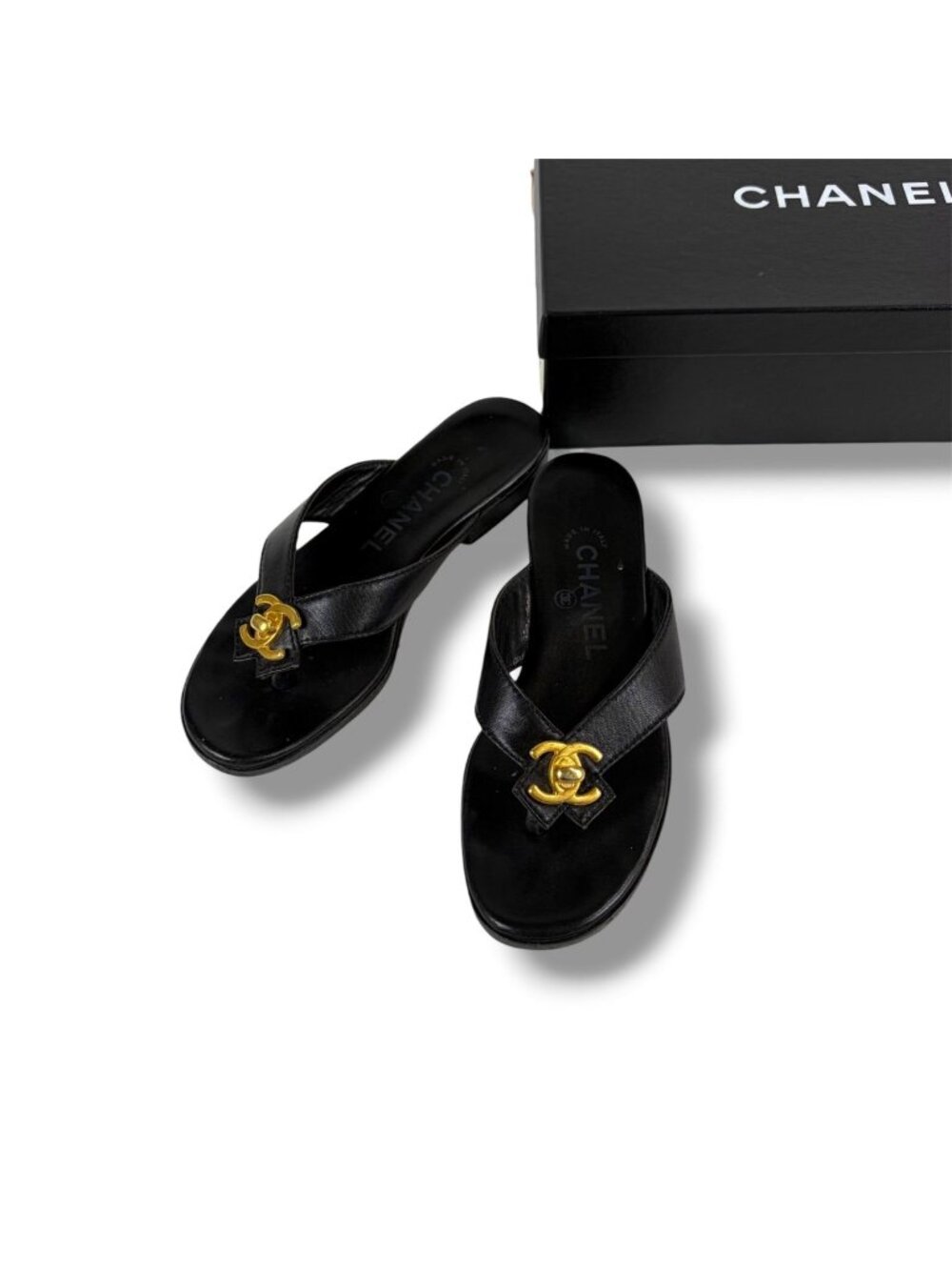 Chanel CC Logo Turnlock Flat Sandals Leather Black Gold 36